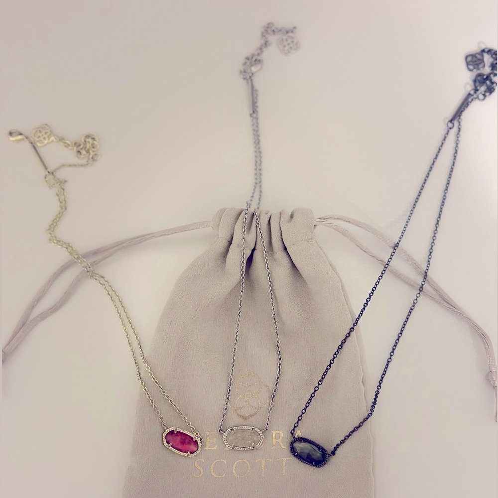 Kendra Scott necklaces. Pink, white, and black.